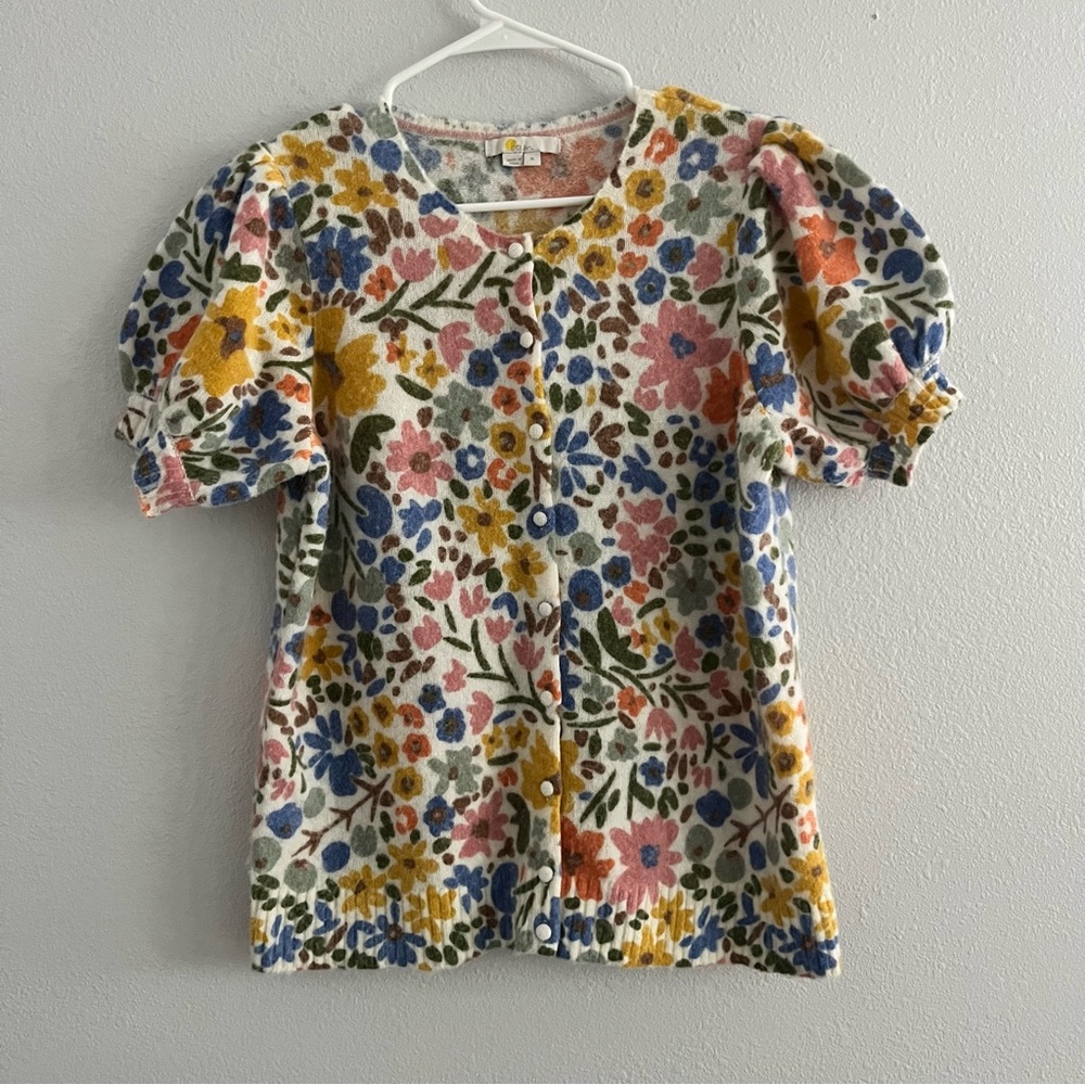 Boden Puff Short Sleeve Sweater M Colorful Floral Buttons Cardigan Wool Blend